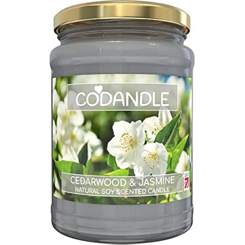 Codandle Candle | Cedarwood & Jasmine | Large Jar Vegan Natural Soy Scented Candle, 100+ Hours Burn Time & Made in UK Cover
