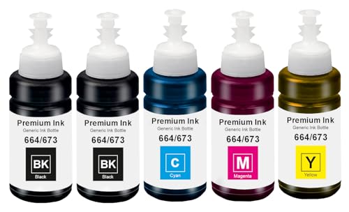 Image of KOSH T664 Refill Ink Compatible for Epson L130, L310, L361, L380, L405, L565, L365, L485, L220, L360, L130, L130 and L380 Printers (5, 2 X BK & Cyan Magenta Yellow)