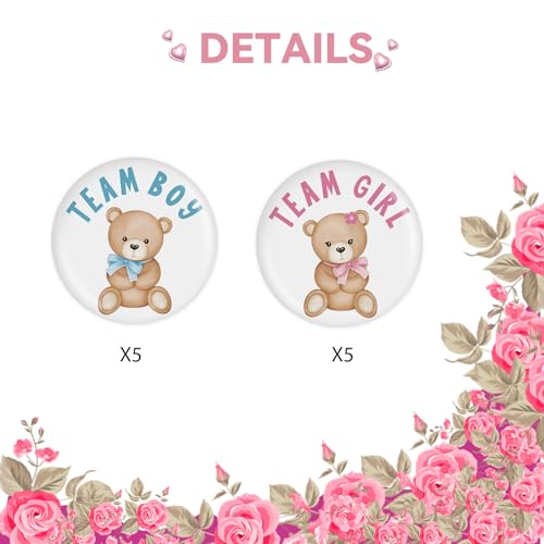 10 Pcs Bear Gender Reveal Button Pins, Team Boy Team Girl Badge Pins, Cute Bear Boy or Girl Button, Pink or Blue Stain Brooch for Baby Shower/Gender Reveal Party Decorations4
