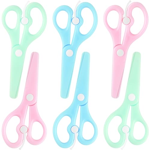 LOVESTOWN 6 Pairs of Preschool Training Scissors, Toddler Safety Scissors Plastic Scissors 3 Colors for Kids Art Craft Supplies