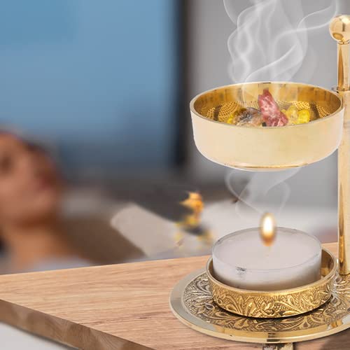 Frankincense Incense Burner With Tealight. Golden Brass, Adjustable Height 4.33 Inch #TOP5
