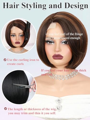 WIGNEE Krótka peruka z koronką Bob, przedziałek z boku 25 cm, Pixie Cut stopniowany bob, 4 × 1 koronkowa peruka Yaki, gładka, syntetyczna peruka bob dla kobiet, na co dzień, na imprezę
