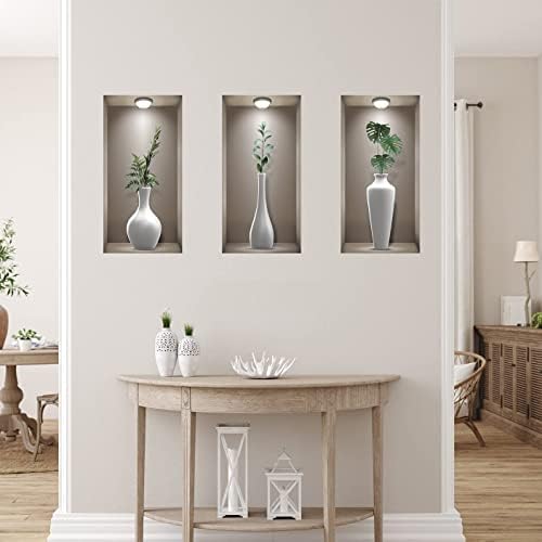 3D Wall Stickers Living Room, TOARTI 3D Wall Art Stickers, Realistic 3D Window View Scenery Wall Sticker, Vase Wall Decal, Plant Wall Stickers for Bedrooms Bathroom Kitchen Wall Decor(Set of 3,8X16)