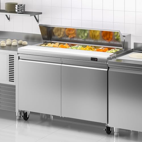 Image of Rockitch 48 inch W Commercial Sandwich Prep Table Refrigerator, 13.8 Cu.ft Stainless Steel Sandwich Prep Table with 12 Pans, 2 Doors Fan Cooling Salad Prep Station for Restaurant Food Prep, ETL Approved