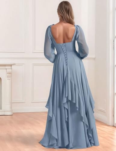 Chiffon Ruffle Bridesmaid Dresses for Women Long Sleeve Evening Gown V Neck Asymmetric Wedding Guest Dress2