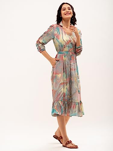 Image of AASK Abstract Printed Puff Sleeve Gathered Detailed Fit Flare Dress