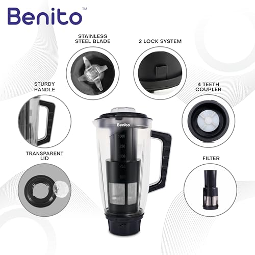 Image of Benito Prime Filter Polycarbonate Juicer Jar (1.5L) for Mixer Grinder - Compatible with 4-Teeth Coupler & Dual Locking System.