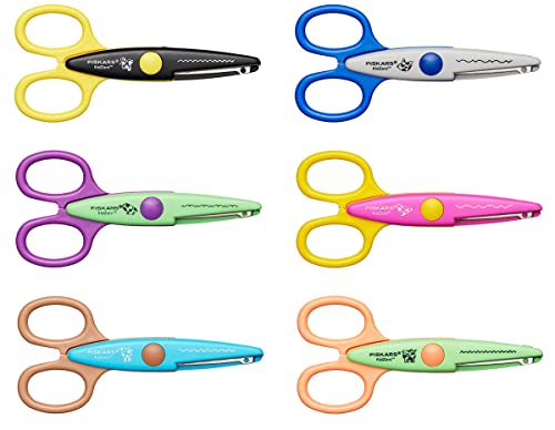 Fiskars Set de ciseaux cranteurs pour enfant, 6 pièces, Longueur totale: 13 cm, Pour droitiers et gauchers, + 4 ans, Lames en acier inoxydable/Poignées en plastique, Multicolore, Kidzors, 1003730
