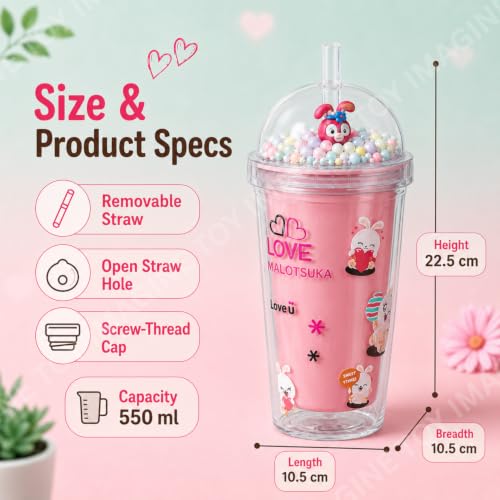 Image of Toy Imagine Bunny Glitter Tumbler for Kids, 550ml Double Wall Acrylic Sipper Cup with Straw & Dome Lid, BPA-Free Reusable Tumbler with Floating Beads for School, Travel & Gifts