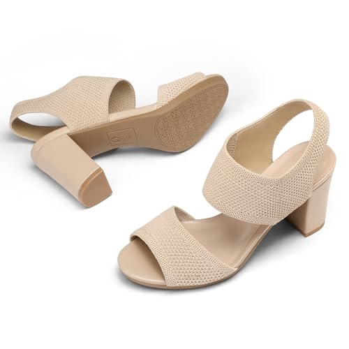 Image of mysoft Women's Chunky Block High Heels Slingback Open Toe Heeled Sandals | Casual Wide Width Fit, 3.3 Inch Heel, Elastic Knit Upper, Hook-And-Loop Atrap, Non-Slip Sole, Wedding Party Dress Shoes