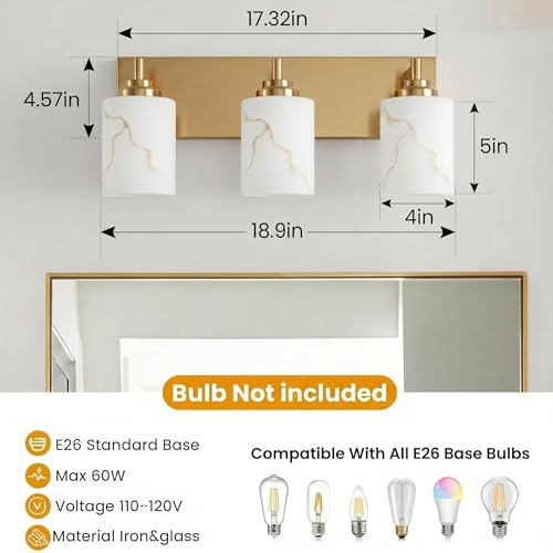 Image of 3-Light Bathroom Light Fixture, Gold Modern Vanity Light with White Marble Glass Shade, for Bathroom Mirror, Living Room, Bedroom, Hallway, E26 Base, Extended Base