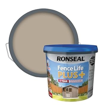 Ronseal Fence Life Plus+ Warm Stone 5L, 5 Year Long Lasting Protecion, All Weather Protection, Sticks to Damp Wood, Brush or Spray on, For all Sheds and Fences also Showerproof in 1 Hour