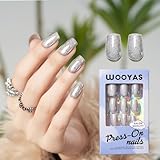 Press on Nails Medium Handmade Fake Medium Square Nail Kit Silver Gray Glitter Press on Nails Glue on Nail 24PCS Gift for Mom