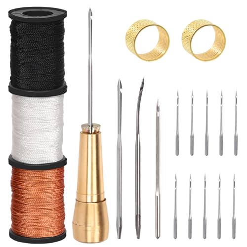 Kit aiguilles couture cuir et toile 19 pièces avec 3 fils cirés et poinçon