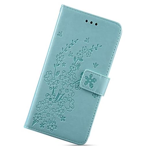 Urhause PU-läderfodral fodral kompatibelt med Samsung Galaxy A50, ultra slim plommon blomma mönster prägling fodral skyddsfodral med stativfunktion kortplats magnetisk stängning snodd mobiltelefonfodral, grön