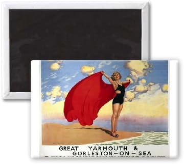 WormArt Great Yarmouth Girl with Red Blanket - 3x2 inch Fridge Magnet - large magnetic button