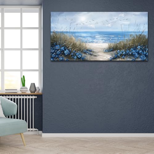 KELIYUAN Large Wall Art For Living Room Canvas Wall Decor For Office Bedroom Decoration Blue Ocean Wall Painting Sea Wave Pictures Printing Artwork Modern Beach Posters Aesthetic Home Decor 24"x48"