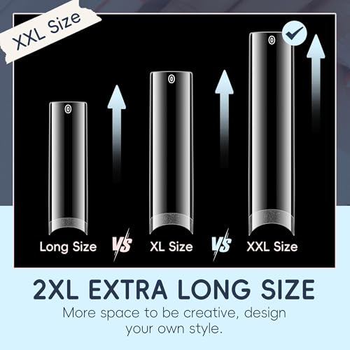 Image of 504PCS No C Curve Nail Tips Square XXL Extra Long Tapered Square Nail Tips for Acrylic Nails Professional 12 Sizes Half Cover Straight Clear Fake Nails for Nail Extensions Salons DIY at Home