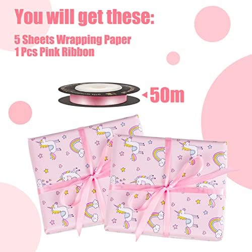 Auidy_6TXD Pink Unicorn Wrapping Paper 70cm X 50cm, 5 Sheets Happy Birthday Wrapping Paper with 5 Meters Ribbon, Girls Wrapping Paper, Premium Recyclable Gift Wrap for Girls Boys Kids Christmas