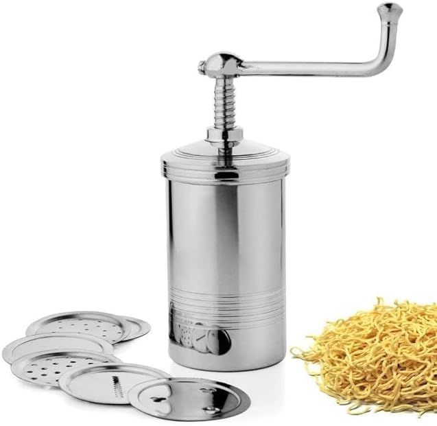 Becharaji 450gm Kitchen Press Bhujia Maker Sev Sancha Machine with Free 6 Different Jali for Making Different Types of Sevaiya, Sev, Gathiya Murukku, Chakli