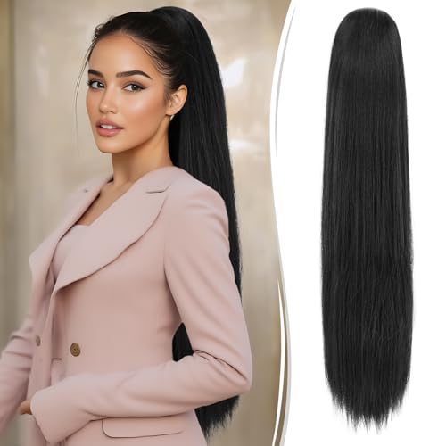 RUWISS Coleta Postiza pelo Natural - 70 cm Largo Liso Cola de Caballo Extensiones con Cordón Sintetico Extension Pelo Coleta para Mujeres (Negro)