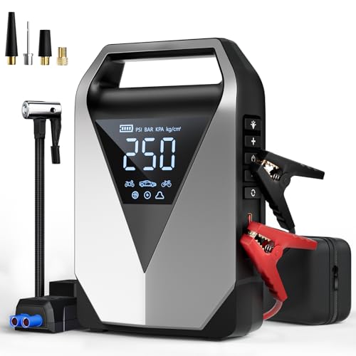 Wyxron Arrancador De Batería De Coche, 150PSI 6IN1 Arrancador Coche Portatil 3000A con Compresor para 12V Jump Starter, Booster Bateria con Pantalla LCD/QC3.0 Charging/LED(All Gasolina/8l Diesel)