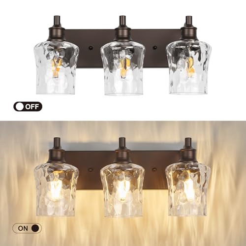 Image of Bathroom Light Fixtures Farmhouse Oil Rubbed Bronze Vanity Lights for Bathroom Lighting Fixtures Over Mirror with Hammered Glass Lampshade for Cabinet Mirror Bedroom Hallway 3 Light