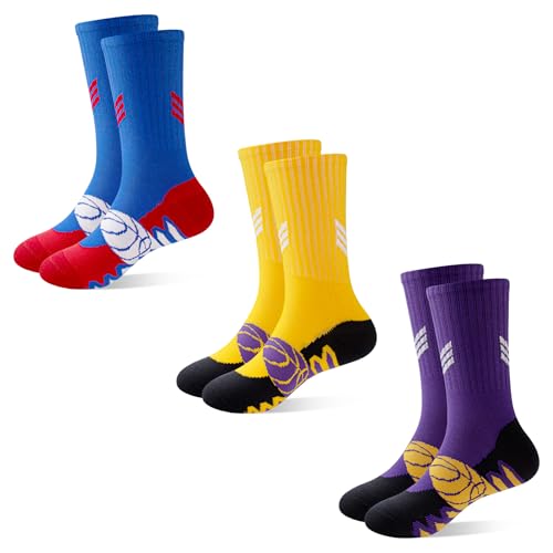 SkiBeaut Boys Socks, Youth Kids Basketball 3 Pairs Mid Calf Athletic Kids Football Soccer Hiking Socks for Boy Girl,13-16 Years