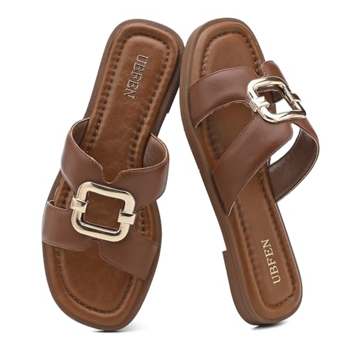 Image of UBFEN Womens Square Toe Flat Sandals Slides Dressy Comfortable for Beach