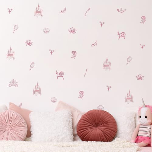 Disney Princess Peel & Stick Wall Decals - 66 Pink Princess Theme Stickers for Girls Bedroom Nursery & Playroom - Removable Castle Carriage & Magic Icons Wall Decor