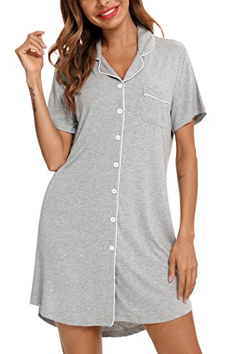 Image of Samring Pajama Nightgown for Women Short Sleeve Button Down Boyfriend Night Gown Nightdress Sleep Shirts