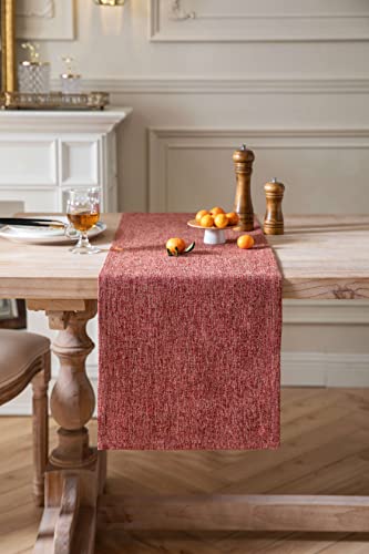 Image of ZeeMart Burlap Style Farmhouse Table Runners 72 Inches Long, Red Rustic Woven Dining Table Runner for Everyday Use, 14x72 Inches, Red
