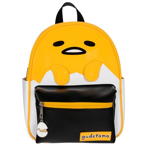 AI ACCESSORY INNOVATIONS Gudetama Big Face Mini Cosplay PU Backpack Purse Sanrio Shoulder Bag with Epoxy Filled Metal Gudetama Charm 10.5 Inch Faux Leather