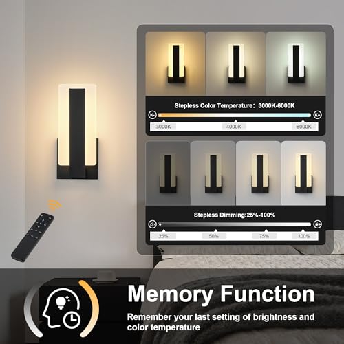Image of KARTOOSH Rechargeable Wireless Wall Sconces,Battery Operated Modern Wall Light Set of Two with Remote Control,Dimmable,3000K /4000K /6000K,Timer,Cordless Lighting for Hallway,Bedroom,Living Room Black