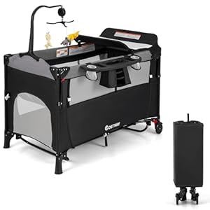 COSTWAY 5-in-1 Babybett 120 x 60 cm, 2 Ebene Reisebett mit Matratze, Wickelauflage, Spielzeuge, Musikbox & Tragetasche, faltbares Beistellbett mobil 4-stufig verstellbar für Baby bis 15 kg (Schwarz)