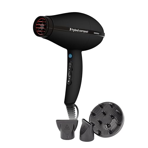 GAMMA+ Asciugacapelli Professionale X-Hybrid Compact, Phon per Capelli Leggero e Compatto, Tecnologia Ionica, Griglia Rivestita in Tormalina, 1800-2100W (Nero)