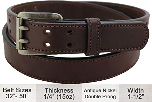 Bullhide Belts Mens Leather Double Prong Belt, Heavy-Duty, Genuine Full Grain Stitched Leather Belts 1.50" Wide, Thick Stiff Ccw Carry Made In The Usa, Brown With Nickel Buckle, 35 Inches #TOP2