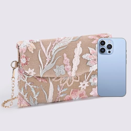 Image of Clutch Purses for Women, Envelope Package, Sequin Embroidered Flowers Straw Bag, Bohemian Handmade Handbags