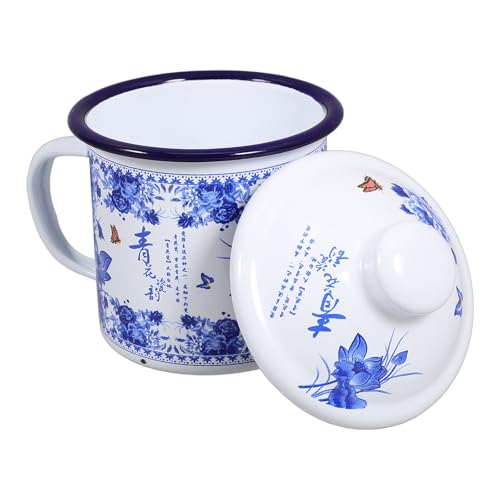 NIYANGLE Taza de Esmalte con Tapa 500 Ml Recipiente para Té y Agua Taza de Café Portátil de 9 Cm China para Hogar Oficina y Viajes