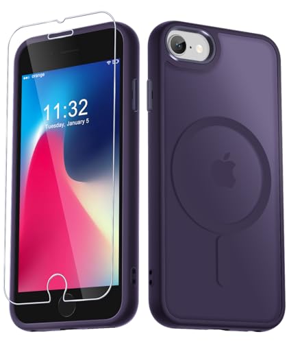 Image of YENAPOON for iPhone SE Case 2022(3rd) /2020(2nd), iPhone 8 /7 Case, Purple | Fit for Magsafe, Screen Protector Included, Matte Magnetic Slim Phone Cover, Shockproof Protection Translucent Frosted Back