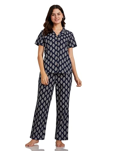 Image of Amazon Brand - Myx Women Cotton Shirt and Relaxed Pajama Set | Night Suit Set (Available in Plus Sizes)