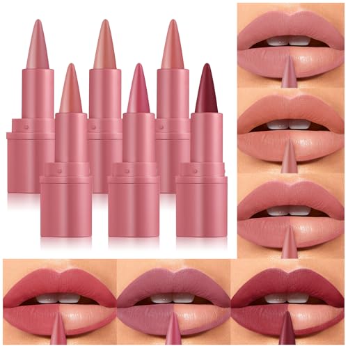 Jolilab 6Pcs 2 in 1 Lip Liner Lipstick Set, Gradient Matte Nude Velvet Lip Liner Pencil High Pigmented Long Lasting Natural Smooth Lip Makeup Easy-to-Use Crayon Form and Cone Tip（01#-06# 6pcs.）