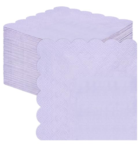 SietDESEO 50 Pieces Light Purple Scalloped Napkins Disposable 3-Ply Purple Cocktail Napkins Paper Dinner Napkin for Birthday Baby Shower Wedding Party Beverage Napkin