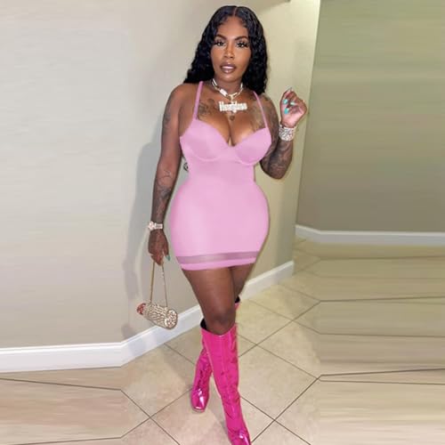 Image of Sexy Bodycon Mini Dress for Women Sweetheart Neck Spaghetti Strap Mesh Hem Party Club Night Out Short Dresses
