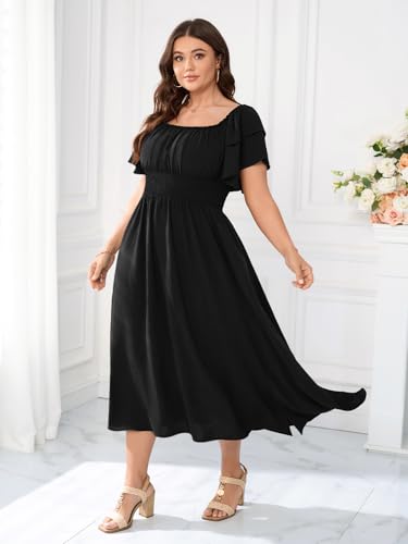 Image of Plus Size Maxi Dress Off The Shoulder Ruffle Smocked Wedding Guest Cocktail Slit Hem Flowy Dresses for Curvy Women