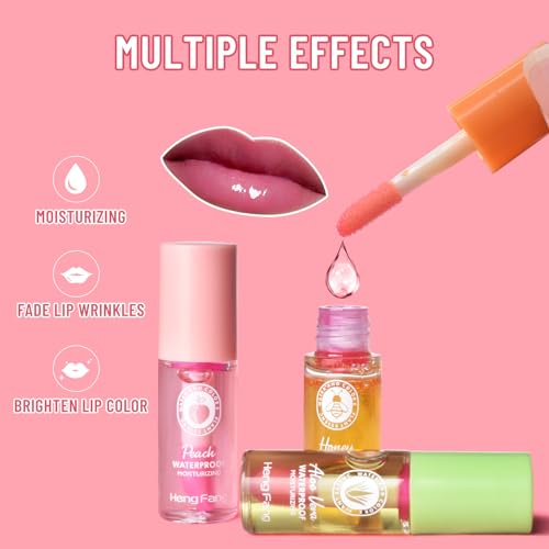 Hydrating Lip Oil Set,3 PC Mini Lip Gloss Set Magic Colour Changing Long Lasting Lipgloss,Lip Balm Fruit-Flavored Lip Care Kit, Aloe Vera/Peach/Honey - Image 4
