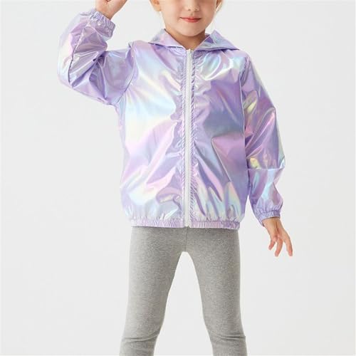 Cromoncent Girls Holographic Shiny Zip Up Hoodie Jacket Sun Protection Lightweight Outerwear, 18 Months - 7 Years4