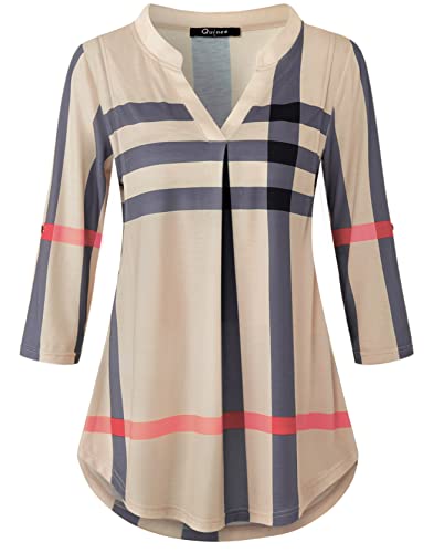 Quinee Breastfeeding Shirts For Women,Summer Nursing Tops For Breastfeeding 3/4 Sleeve Mama Shirts Hide Belly Maternity Nursing Tops Tees Pregnancy Blouses Office Wear Beige Plaid L #TOP1