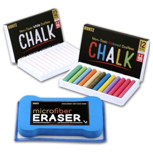 Huntz Dustless Chalk Set with Microfiber Eraser, Washable & Reusable – 12 White + 12 Colored Chalks, Includes Eraser