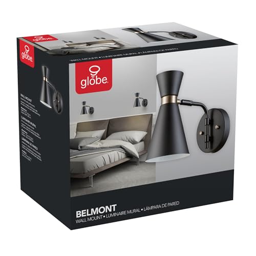 Image of Globe Electric 65855 Belmont 1-Light Wall Sconce, Satin Black, Gold Accents